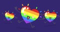 Digital image of three cute rainbow colored smiling hearts floating against blue background