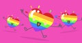 Digital image of three cute rainbow colored smiling hearts icons against pink background