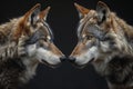Digital image of two wolves look at each other over a dark background Royalty Free Stock Photo