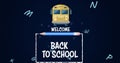 Digital image of welcome back to school text against school bus icon against multiple alphabets Royalty Free Stock Photo