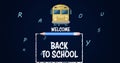 Digital image of welcome back to school text against school bus icon against multiple alphabets Royalty Free Stock Photo