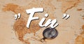 Digital image of a white Fin text appearing in the screen while background shows a world map and a b Royalty Free Stock Photo
