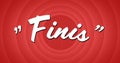 Digital image of a white Finis sign appearing in the screen while background shows red circle patter Royalty Free Stock Photo