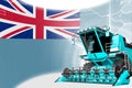 Digital industrial 3D illustration of blue advanced farm combine harvester on Fiji flag - agriculture equipment innovation concept