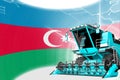 Digital industrial 3D illustration of blue advanced rural combine harvester on Azerbaijan flag - agriculture equipment innovation