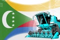 Agriculture innovation concept, blue advanced wheat combine harvester on Comoros flag - digital industrial 3D illustration