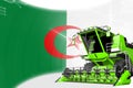 Agriculture innovation concept, green advanced wheat combine harvester on Algeria flag - digital industrial 3D illustration
