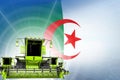 Digital industrial 3D illustration of green modern rural combine harvesters on Algeria flag, farming equipment modernisation