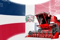 Digital industrial 3D illustration of red advanced farm combine harvester on Dominican Republic flag - agriculture equipment