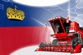 Digital industrial 3D illustration of red advanced grain combine harvester on Liechtenstein flag - agriculture equipment