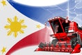 Digital industrial 3D illustration of red advanced grain combine harvester on Philippines flag - agriculture equipment innovation