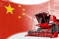 Digital industrial 3D illustration of red advanced rye combine harvester on China flag - agriculture equipment innovation concept