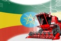 Digital industrial 3D illustration of red advanced rye combine harvester on Ethiopia flag - agriculture equipment innovation