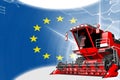 Digital industrial 3D illustration of red advanced wheat combine harvester on European Union flag - agriculture equipment