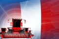 Farm machinery modernisation concept, 3 red modern grain combine harvesters on Peru flag - digital industrial 3D illustration