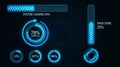 Digital infographic with system loading, data sync, and progress bars on circuit board background Royalty Free Stock Photo