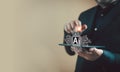 Digital information technology concept. Businessman touching artificial intelligence icon. Futuristic digital technology Royalty Free Stock Photo