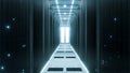Corridor with servers in line where data nodes are being stored and communicate the serverless data center behind shielded panels Royalty Free Stock Photo