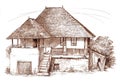 Digital ink illustration with a silent coutryside landscape, with an old traditional house that now is demolished