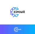 Digital innovation circuit logo. Technological progress logotype. Atomic structure, science laboratory icon. Artificial