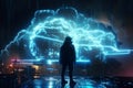 Digital Innovation: A Neon Cloud of Technology and a Human Touch with Octane Render Royalty Free Stock Photo
