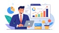 Digital insights! A businessman utilizes innovative digital graphics to navigate complex financial data, charting the course