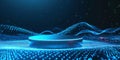 A digital-inspired 3D background with a glowing blue podium surrounded by abstract, pulsating