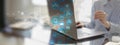 Digital Interaction and Data Visualization for Business Insights on a Wide Banner, Business and Technology Concept