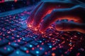 Digital interaction with glowing keyboard during late-night coding session in a dimly lit room Royalty Free Stock Photo