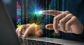 Digital interaction: hands touching a screen with binary code and glowing lights Royalty Free Stock Photo