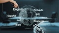 Digital Interaction Between Human and Robot with World Languages Displayed on a Holographic Globe. Auvana Royalty Free Stock Photo