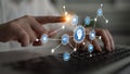 Digital interaction showcasing innovative ideas and technology with a hand touching a network of icons representing data Royalty Free Stock Photo