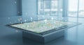 A digital, interactive map interface displayed on a large touchscreen table. The map Royalty Free Stock Photo