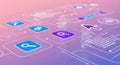 Digital interface with app icons and data visualization on a gradient background Royalty Free Stock Photo
