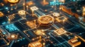 Digital interface with blockchain icons, representing the new economic framework