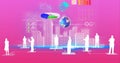 Digital interface and businesspeople icons over 3d cityscape model against pink gradient background