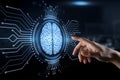 Digital interface centers around a brain-like symbol with circuitry, emphasizing AI and cognition