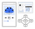 Digital Interface Concepts Featuring Music Player, Analytics Dashboard, and Blockchain Connectivity Royalty Free Stock Photo