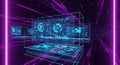 Futuristic virtual reality interface with glowing neon holographic screens and data visualization displays in dark high tech Royalty Free Stock Photo