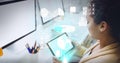 Digital interface with data processing against woman using digital tablet at office Royalty Free Stock Photo