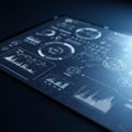A digital interface displayed on a dark screen features an array of futuristic visual data Royalty Free Stock Photo