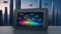 digital interface displaying AI algorithm analyzing colorful data streams with futuristic cityscape in background, evoking sense Royalty Free Stock Photo
