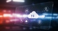 Digital interface displaying cloud computing concepts. Centralized cloud icon with Royalty Free Stock Photo