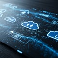 Digital interface displaying cloud computing icons on a dark surface. Central blue Royalty Free Stock Photo