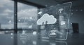 Digital interface displaying cloud computing icons and data symbols on a transparent Royalty Free Stock Photo