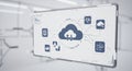 Digital interface displaying cloud computing and technology icons on a semi- Royalty Free Stock Photo