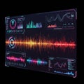 Digital interface displaying colorful data visualizations and waveforms. Central area Royalty Free Stock Photo