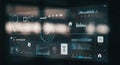 A digital interface displaying a complex dashboard with elements such as graphs, pie Royalty Free Stock Photo