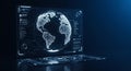 Digital interface displaying a 3D holographic globe with highlighted continents and Royalty Free Stock Photo