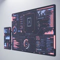 Digital interface displaying futuristic data visualization. Large screen divided into Royalty Free Stock Photo
